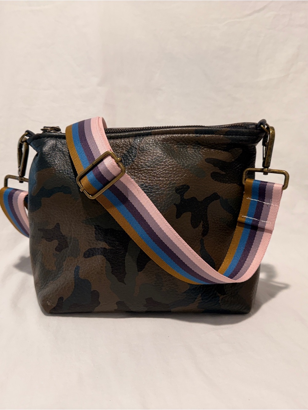 Brown Camouflage Crossbody Bag with Striped Adjustable Strap